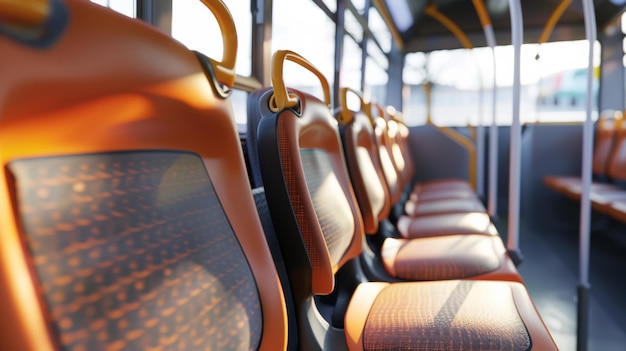 Warm sunlight illuminates the interior of an empty bus casting a network of inviting shadows