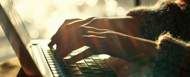 Photo warm sunlight over person typing on laptop