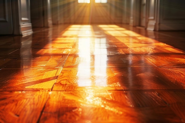 Warm sunlight reflecting off polished wooden corridor floor