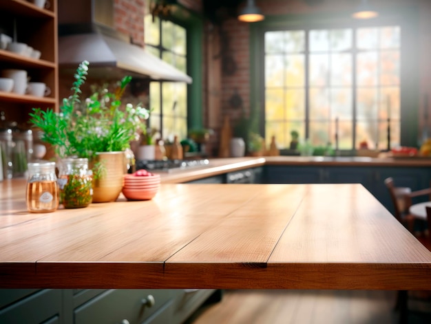 A warm sunlightlit kitchen interior with wooden countertops and greenery on the background invoking a cozy atmosphere Generative AI