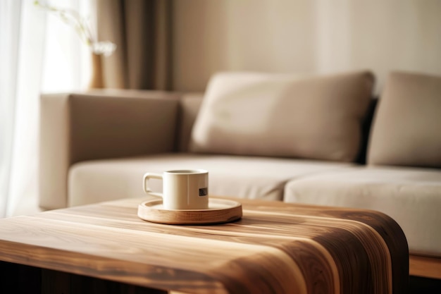 A warm sunlit minimalist living room showcasing a wooden coffee table and complementary natural decor