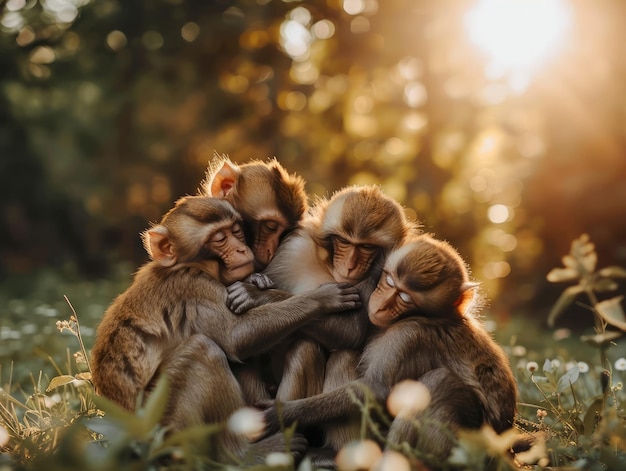 Warm Sunlit Portrait of Affectionate Monkey Family Embracing in Natural Habitat at Sunset