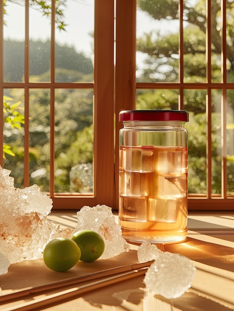 A warm sunlit scene featuring Japanese plum wine in a jar accompanied by fresh plums