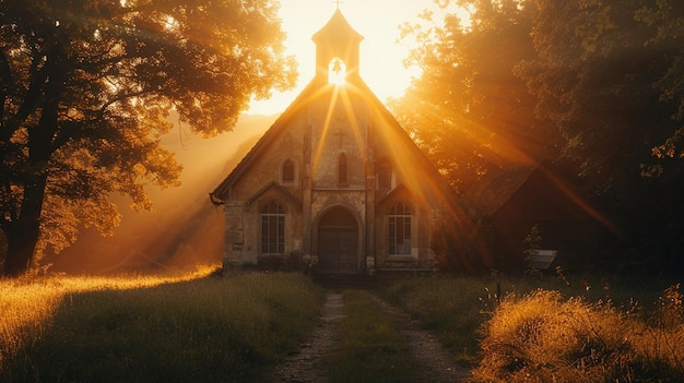 Warm Sunset Glow on Rural Church Facade in Field with Sunlight Through Trees