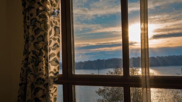 Warm sunset glow through a textured glass window