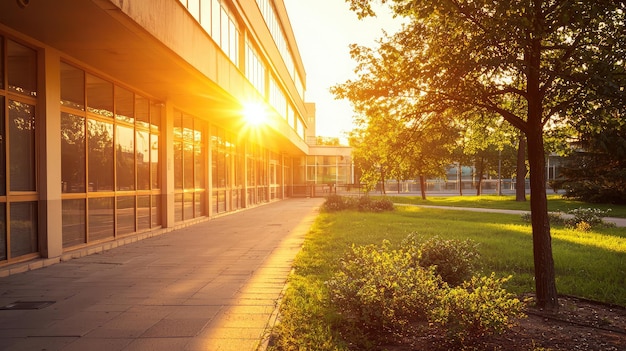 Photo a warm sunset illuminates hospital building creating serene atmosphere