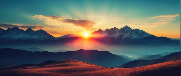 Warm sunset over jagged mountain peaks and valleys