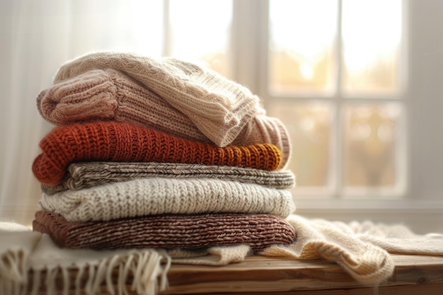 Warm sweaters on table autumn and winter clothes