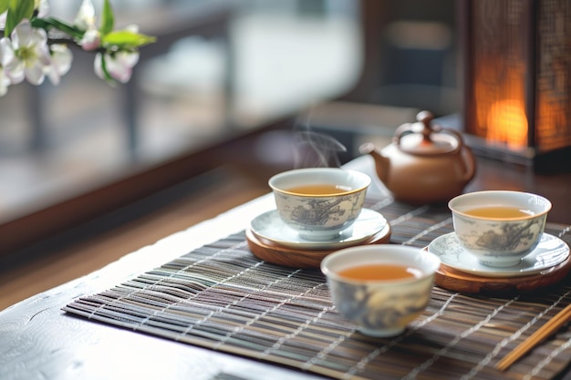 Warm tea served in elegant cups on a wooden table with soft lighting and delicate floral accents