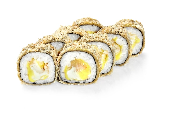 Warm tempura sushi rolls in panko breadcrumbs with chicken and cheese