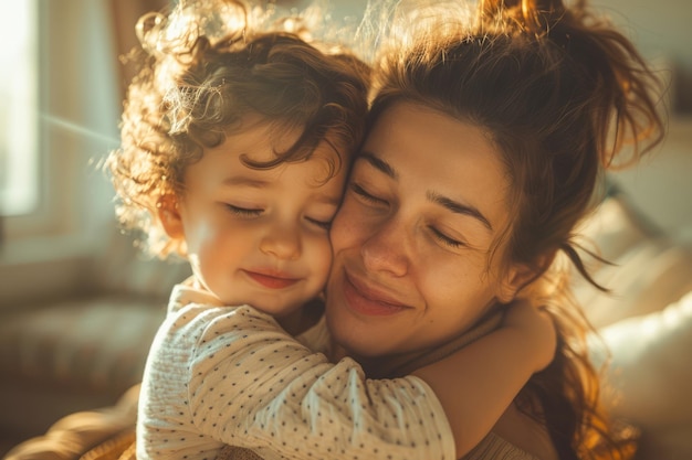 Warm Tender Moment of Affection as Mother Embraces Child in Sunlit Room Showing Love and Family