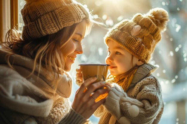 Warm and Tender MotherChild Moment with Hot Drink on Cozy Winter Day Golden Sunlight Illuminating