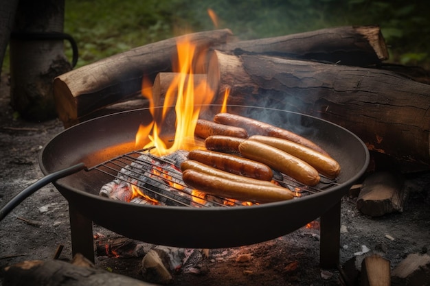 Warm and toasty campfire with sizzling hotdogs cooking over the flames created with generative ai