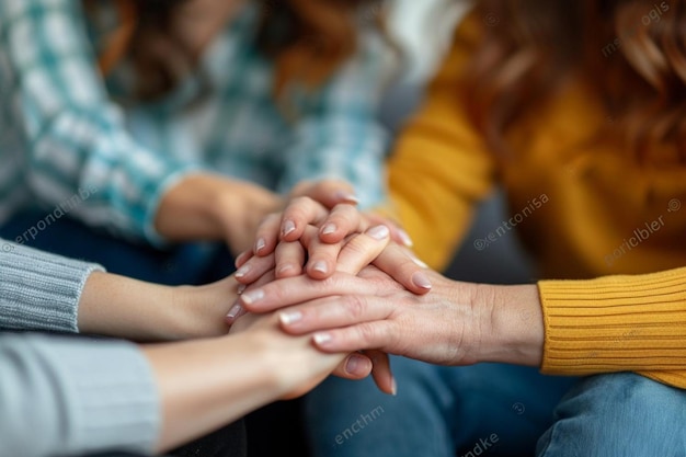 Warm toned closeup of people holding hands in circle during therapy session in support group