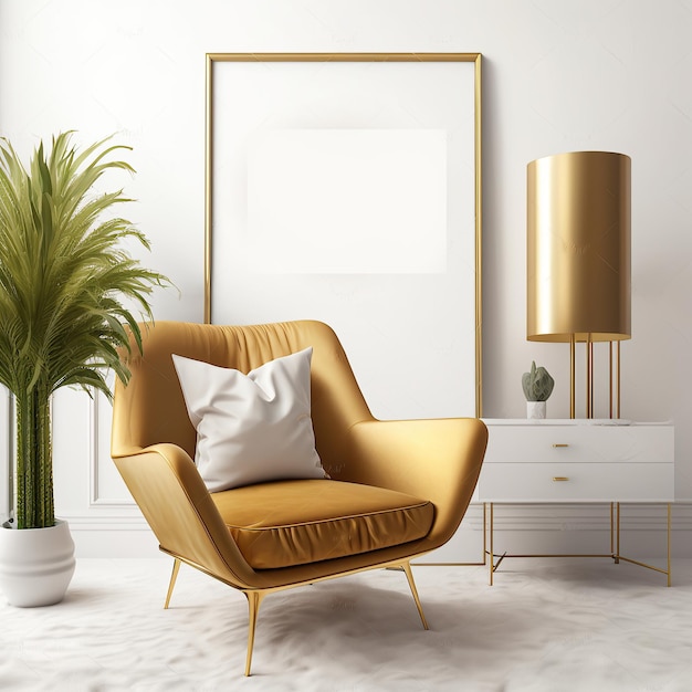 Warm toned living room interior wall mockup with a gold armchair and a background of a white wall created by generative AI