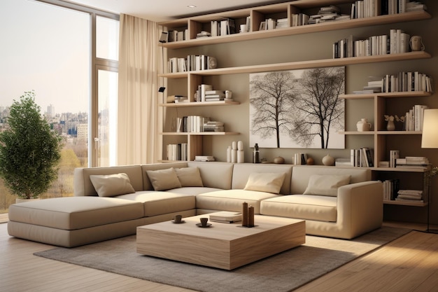 Warm tones of modern living room interior with minimal art decor design Home interior concept