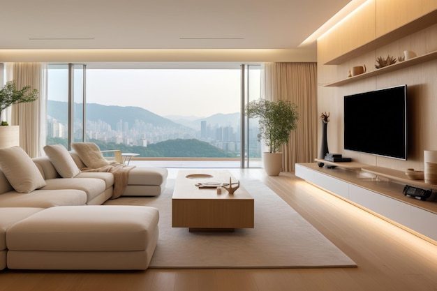 Warm tones of modern living room interior with minimal art decor design Home interior concept