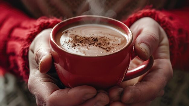 Photo warm up with a cup of delicious hot chocolate topped with froth and spices held by cozy hands aig62