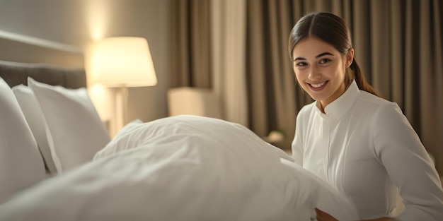 A warm and welcoming hotel scene featuring a young woman in a shirt She is smiling and tending to plush white bedding This image captures comfort and hospitality AI