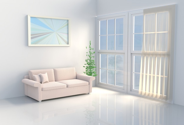 Warm white living room. The sun shines through the window into the shadows. 3D render.