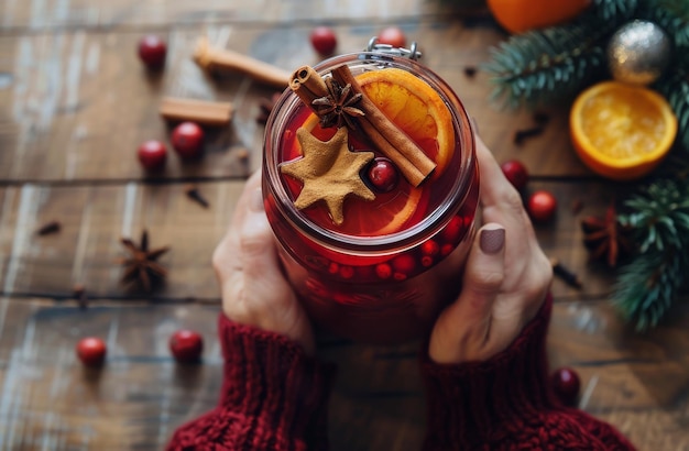 Photo warm winter drink with orange cinnamon and star anise on wooden table