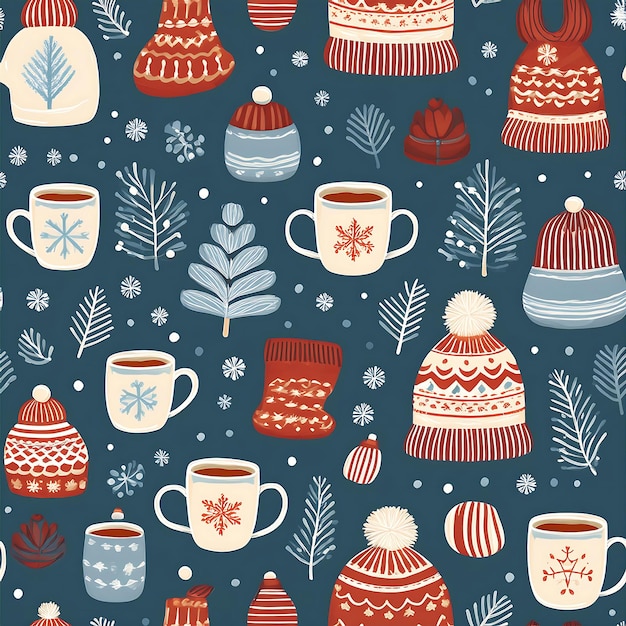 Photo warm winter essentials seamless pattern icons set of icons featuring cozy coffee cocoa mugs trees clothing christmas wallpaper graphic art illustration