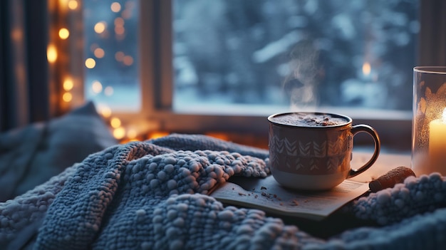 Photo warm winter glow hot chocolate blanket by the fire