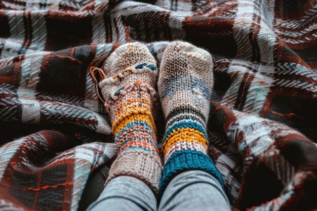 Photo warm woman wearing winter warm knitted socks with colorful skeins of thread sitting on brown checker