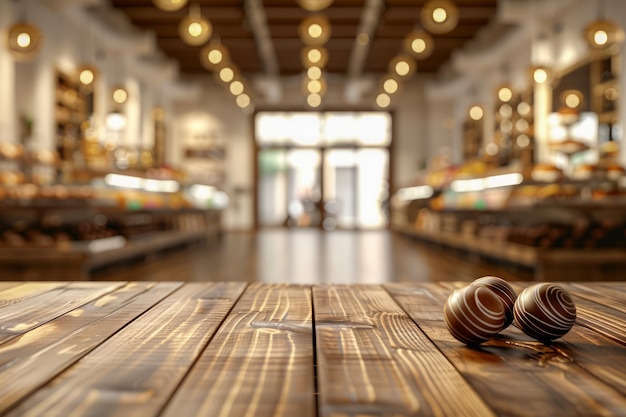 Warm Wooden Table Surface with Vintage Chocolates and Blurred Bookstore Background