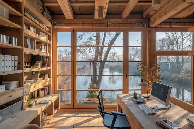 A warm wooden work space overlooking the river designed like a photographers studio enhanced with natural sunlight