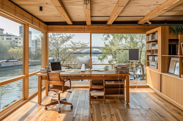 A warm wooden work space overlooking the river designed like a photographers studio enhanced with natural sunlight