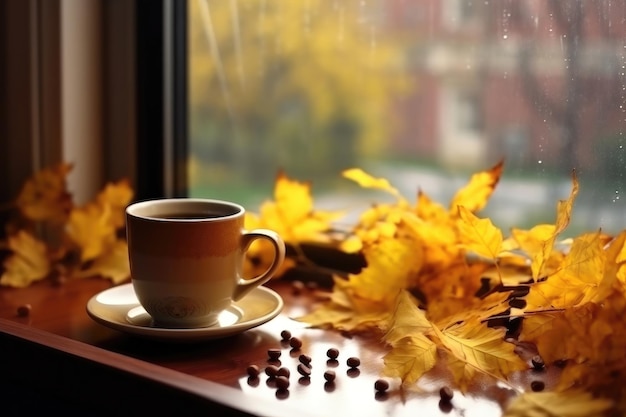 Warming autumn drinks in cold rainy weather hygge concept