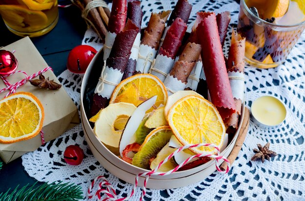 Warming winter tea, dry fruits on xmas day