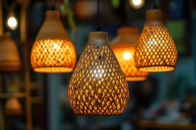 Photo warmly illuminated woven pendant lights in a cozy indoor setting