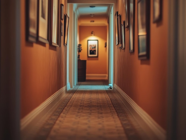 Warmly lit hallway showcasing family photos and memories