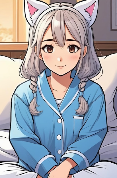 A warmly smiling anime girl with cat ears headband sitting in bed