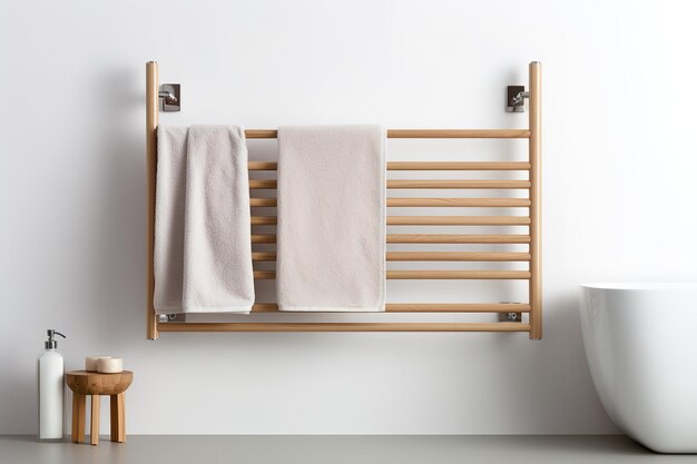 Photo warmth and comfort a wooden towel rack in a modern bathroom on a clear png or white background