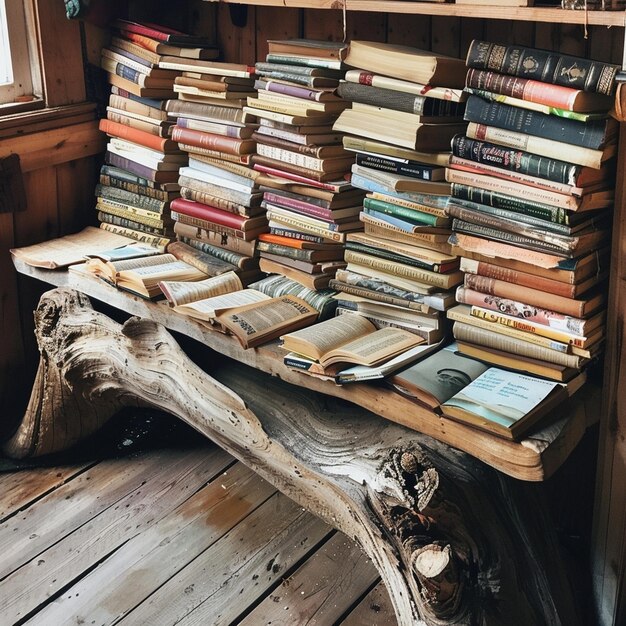 Warped wooden bench with a collection of cookbooks