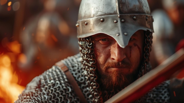 The warrior clad in shining chainmail and a metal helmet grips his weapon tightly ready to engage in battle while flames flicker in the background adding intensity to the moment