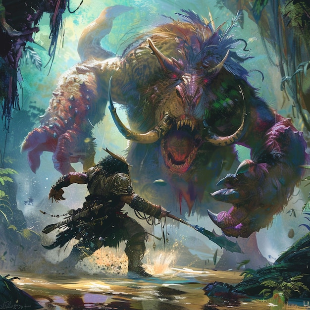 A warrior fighting a fearsome monster