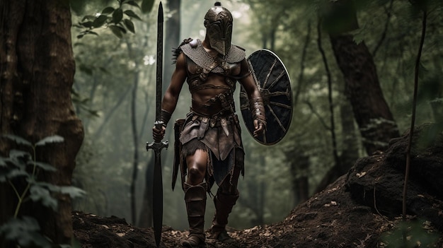 A warrior in a forest with a sword and shield on his head