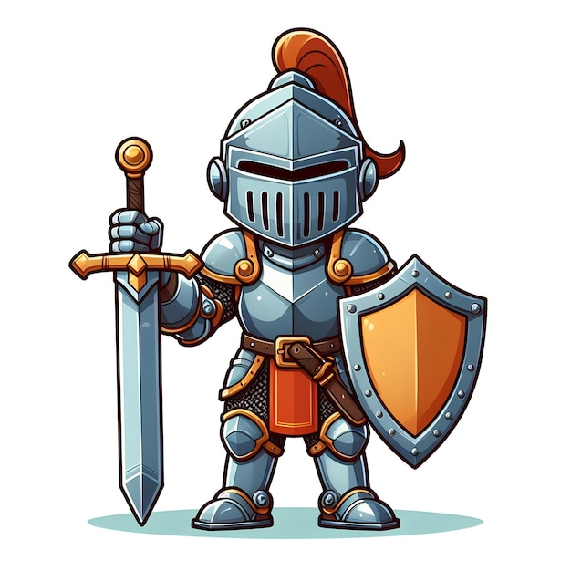 warrior knight cartoon character with sword and shield front view isolated white background