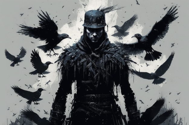 Warrior magician surrounded by crows electronic painting