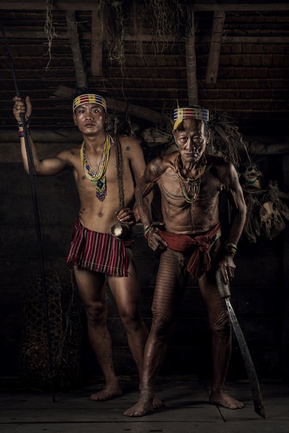 Warrior of Mentawai.The Indigenous inhabitants ethnic of the islands in Muara Siberut are also known as the Mentawai people. West Sumatra, Siberut island, Indonesia.