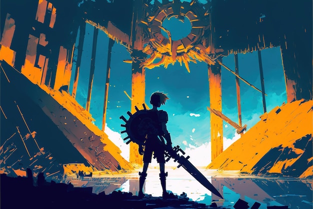 Warrior near the giant sword A warrior standing at the abandoned port and looking at the broken giant sword Digital art style illustration painting