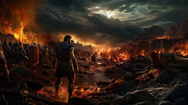 Photo warrior overlooking a fiery battlefield scene