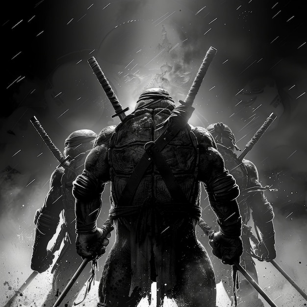 Photo warrior in the rain black and white 3d illustration