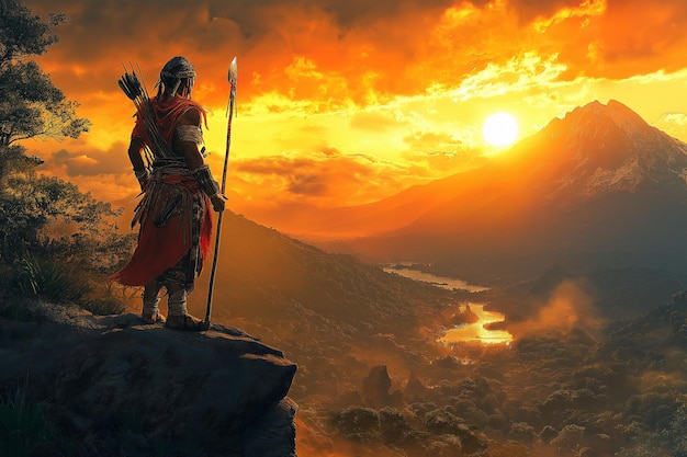 Photo warrior in traditional armor standing on cliff at sunrise with mountains in the backgroundxa