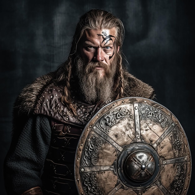 Warrior Viking in full arms with axe and shield on dark background