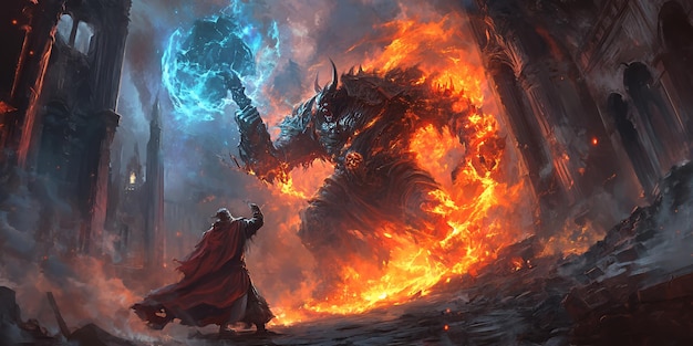 A warrior wielding a blue glowing weapon faces off against a fiery demon in a battlescarred cityscape